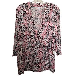 Charter Club Floral Pink White and Black Women's Faux  Wrap Top